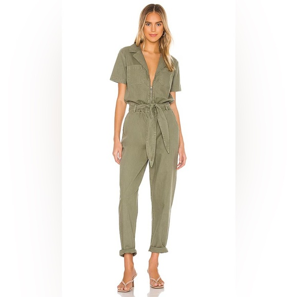 David Lerner Revolve Carson Denim Coverall Jumpsuit in Olive Green Size Large